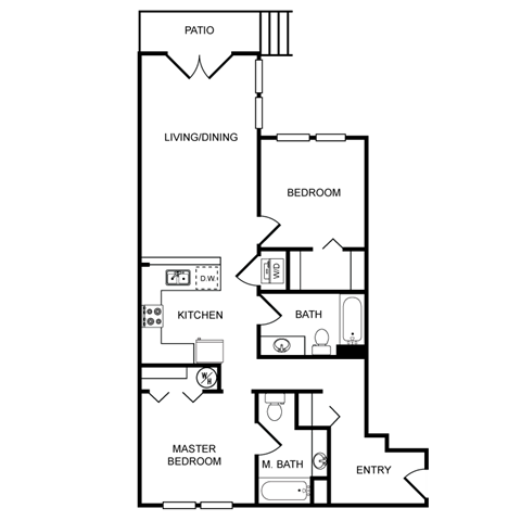 A floor plan of a house with a patio, living/dining area, kitchen, two bedrooms, and bathrooms.